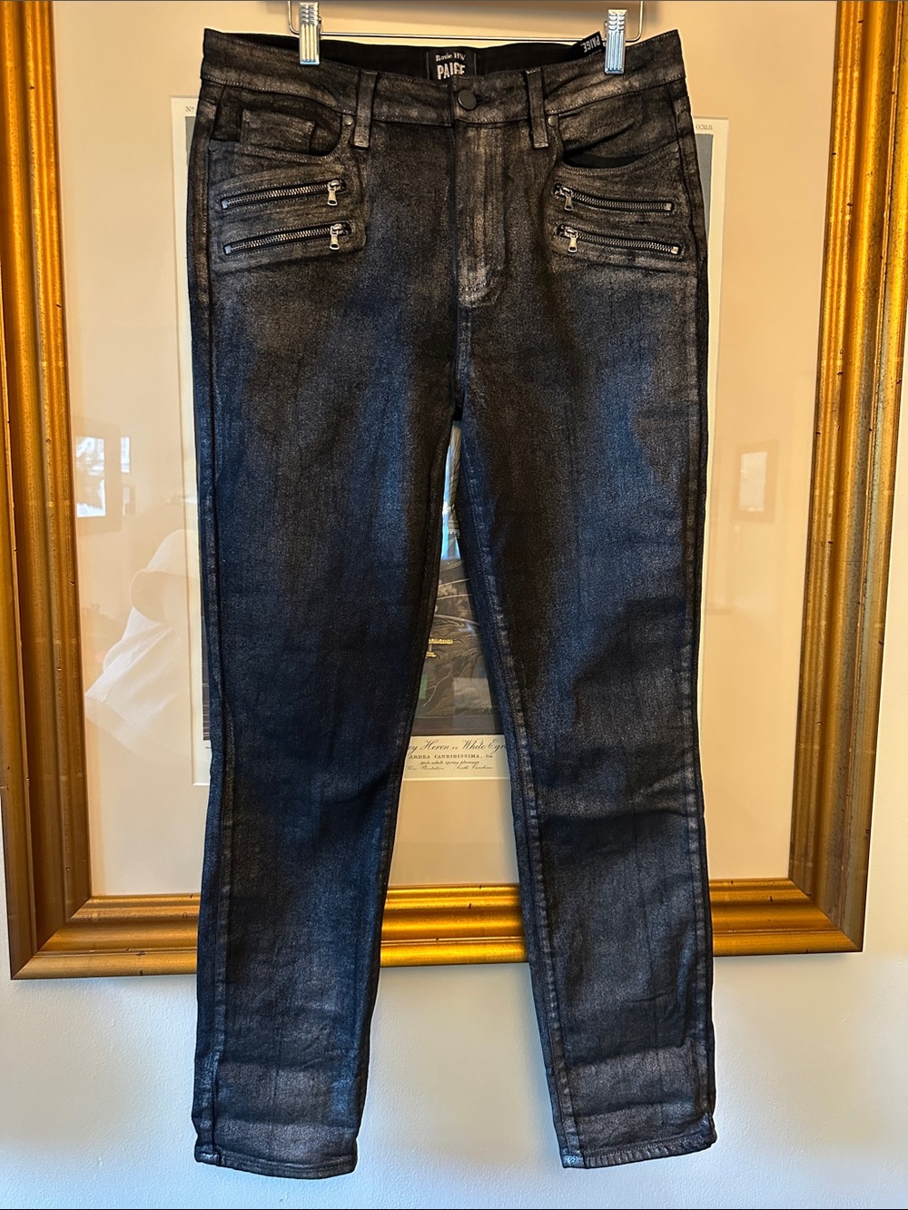 Paige Metallic Black Jeans with Zip Accents